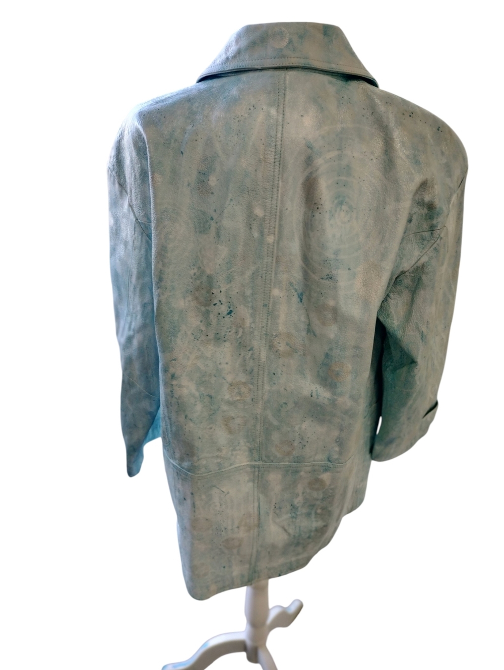 Vintage 80s BRAEFAIR Leather trench coat, Artsy Icy Blue wearable art, S 8 - Picture 5 of 14